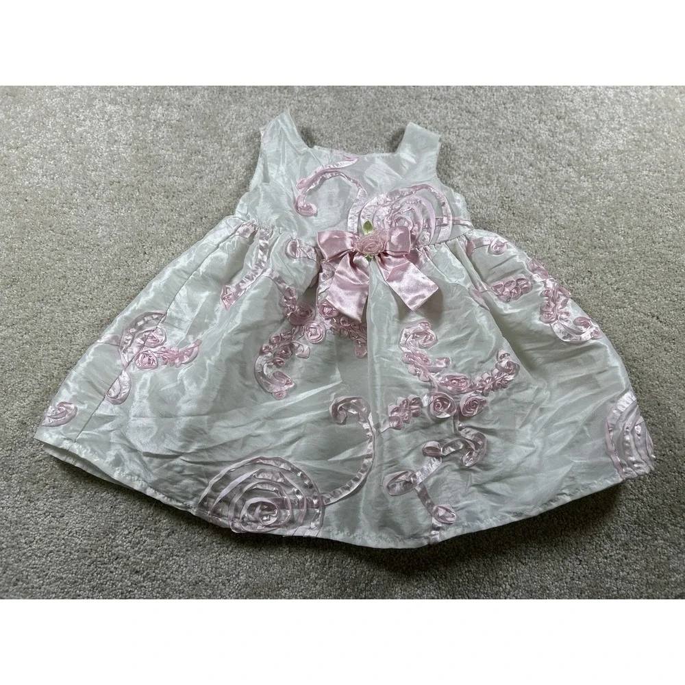 Jenny & Me Infant Girls Dress 18M White Pink Bow Floral Party Formal Occasion